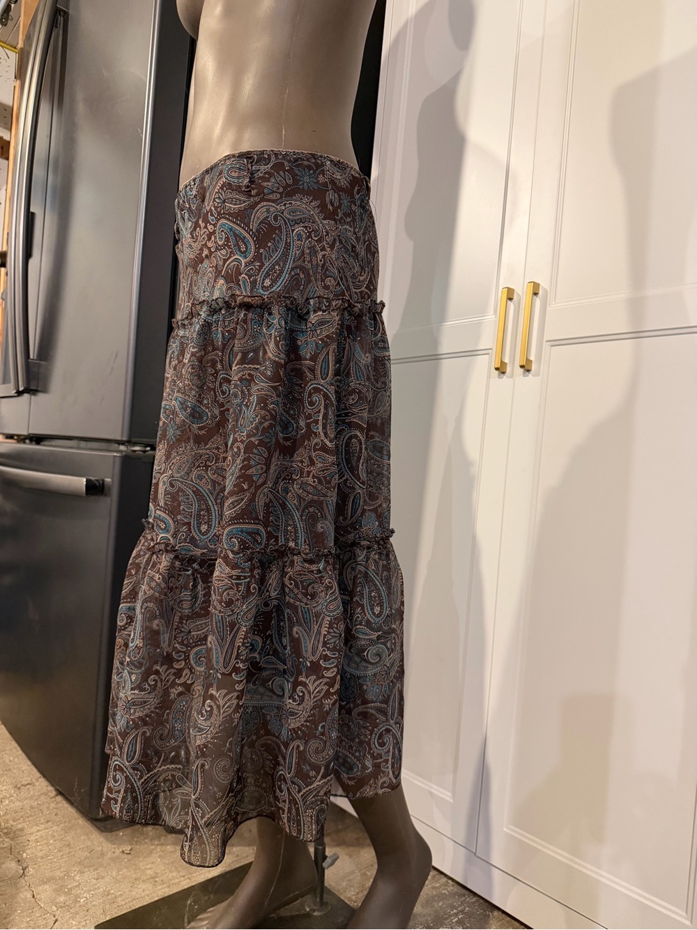 Vintage Y2K Paisley Tiered Maxi Skirt Brown Blue Boho Sheer Ruffle - Picture 5 of 8